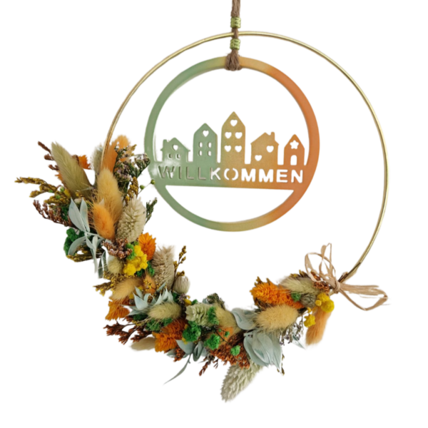 Deko Blumenring mit Gips-Ornament in gründ und orange