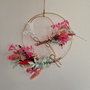 Doppelter Deko Blumenring Pink Türkis mit Gips Eule