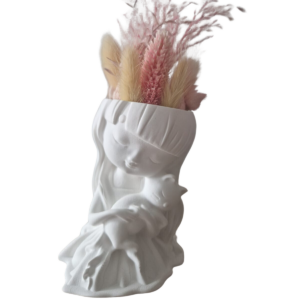 Handgemachtes Blumenmädchen mit Katze aus Gips mit Trockenblumen