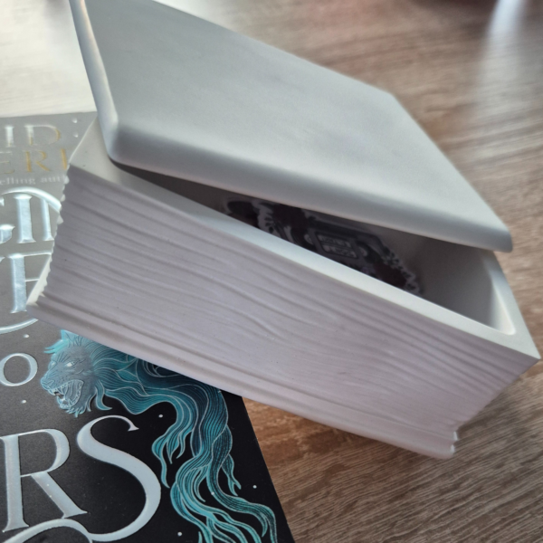 Buch aus Gips von der Seite, die Dose ist leicht geöffnet