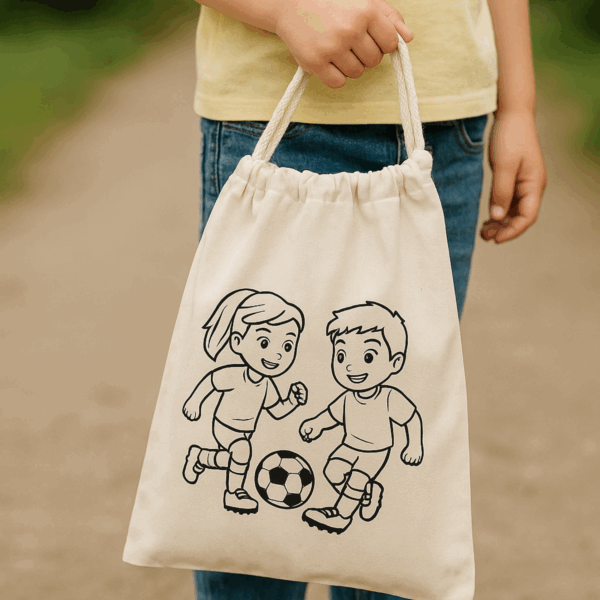 Stoffbeutel mit Fußball, Junge und Mädchen, zum ausmalen