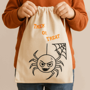 Stoffbeute mit der Aufschrift Trick or Treat und einer Spinne, die man ausmalen kann