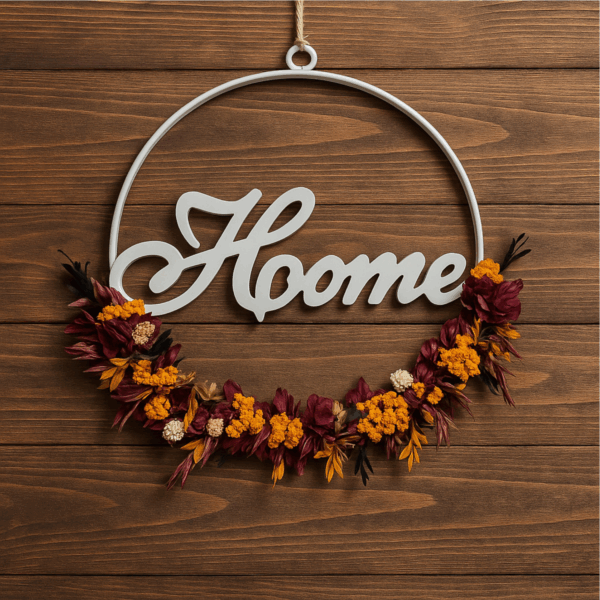 Blumenkranz aus Metall mit Schriftzug Home in der Mitte. Die untere Hälfte ist mit herbstlichen Trockenblumen dekoriert