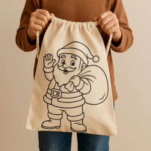 Baumwolltasche mit einem Weihnachtsmann draufgedruckt, den man ausmalen kann
