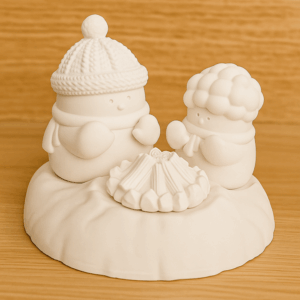 Schneemänner Teelichthalter, die um eine Lagerfeuer herumsitzen