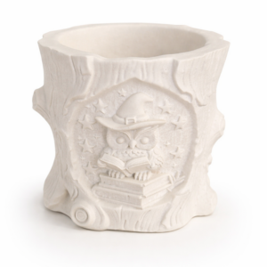 Blumentopf im Baumstamm-Stil mit einer Eule, die liest und auf Büchern sitzt. Um sie herum sind Sterne.